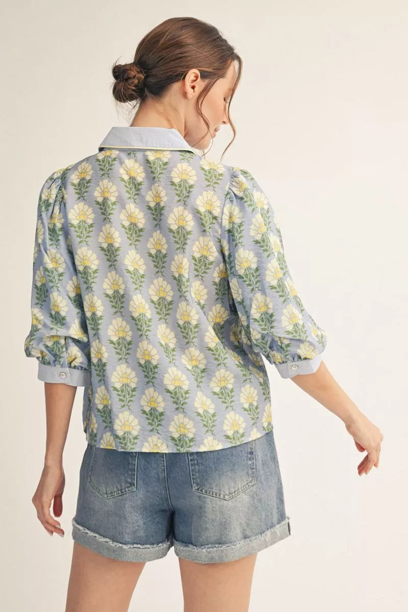 Blue Floral Puff 3/4 Sleeve Top