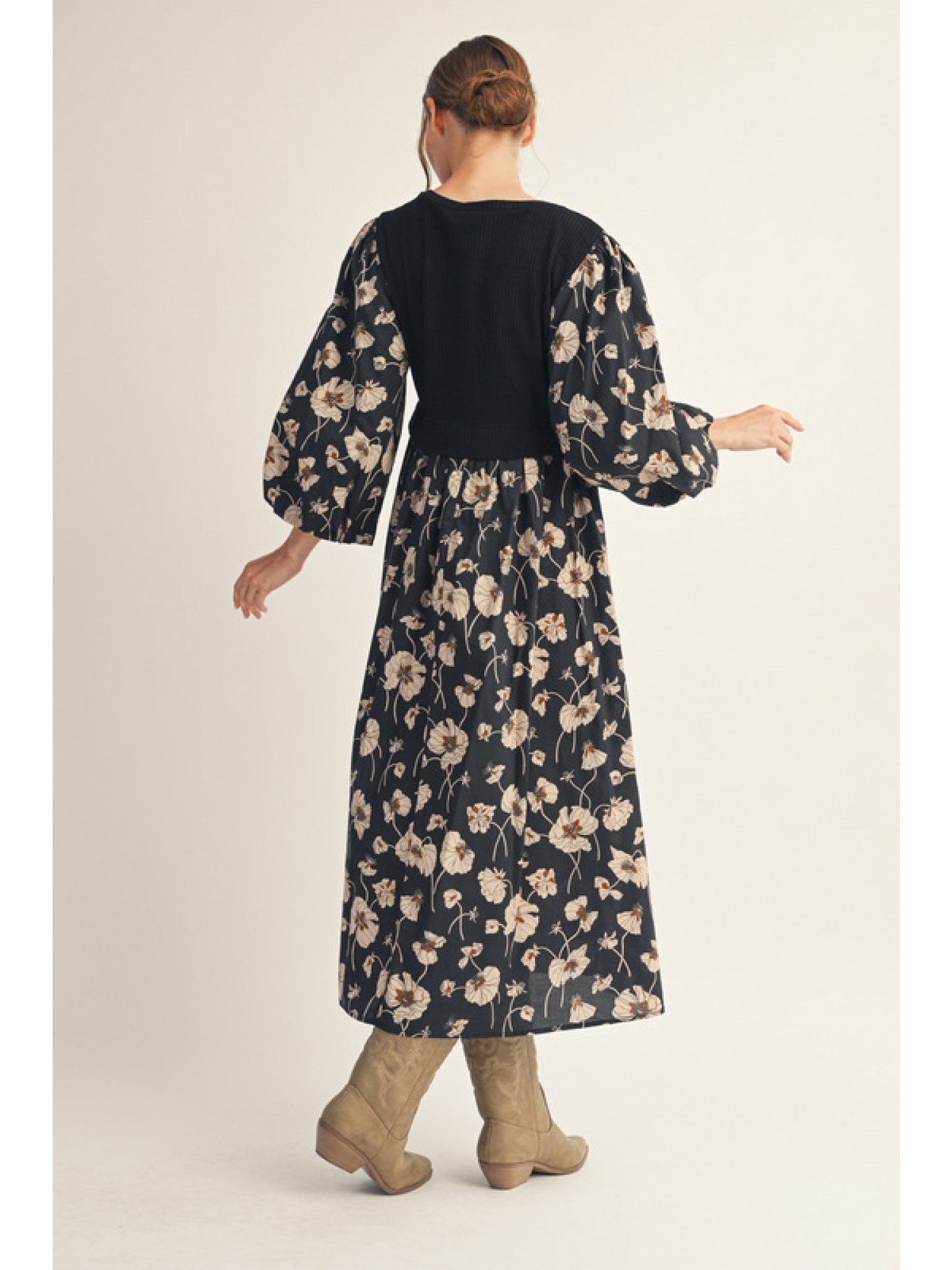 Black Fall Floral Midi Dress