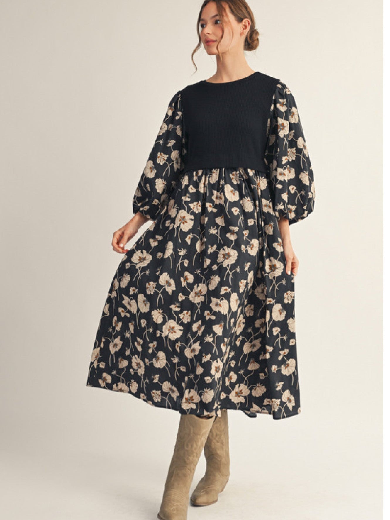 Black Fall Floral Midi Dress
