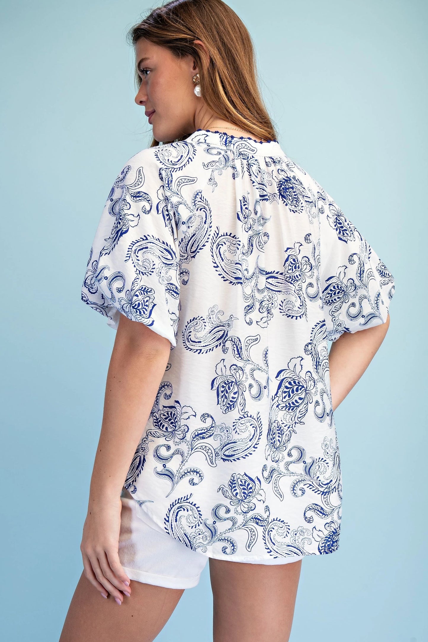 Presley White & Navy Embroidered Blouse