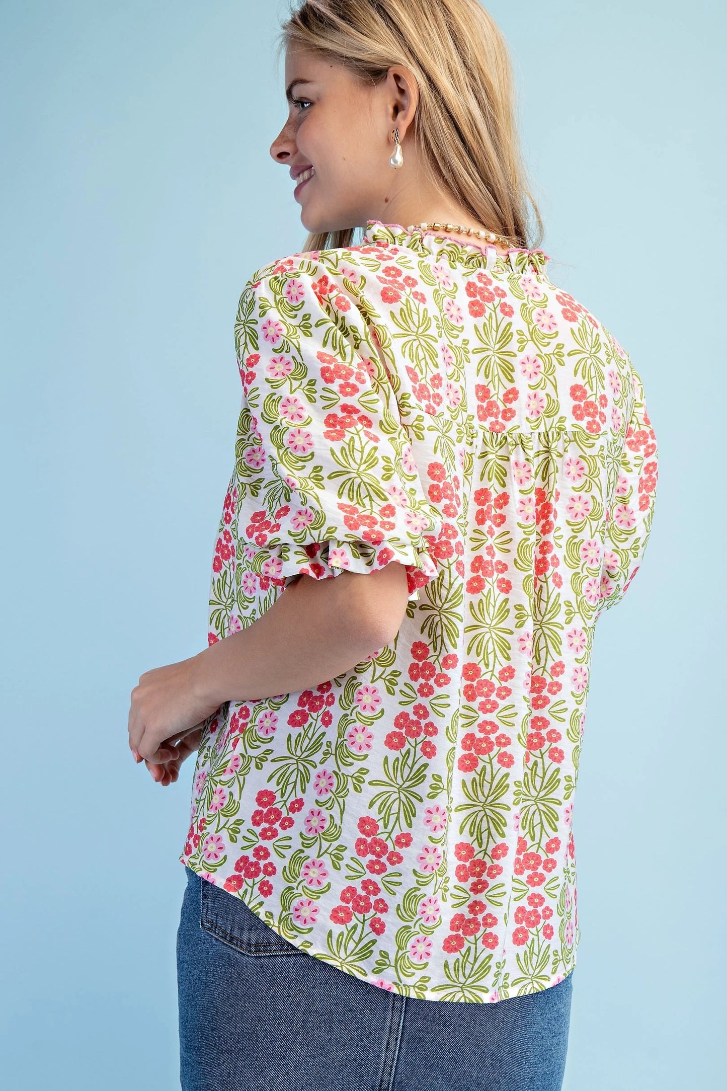 Bright Floral V-Neck Blouse with Balloon Sleeves