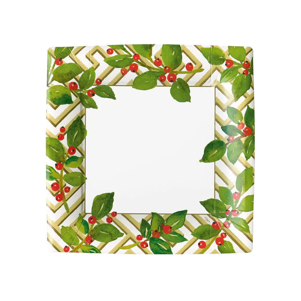 Caspari Holly And Fretwork Paper Salad/Dessert Plates - 8/pkg