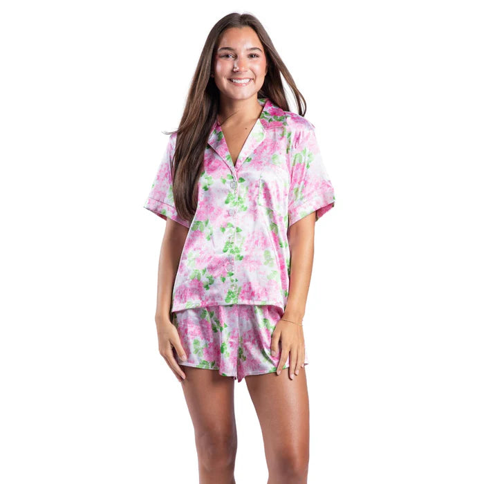 Darling Hydrangea Satin Pajama Short Set ( S-2XL )