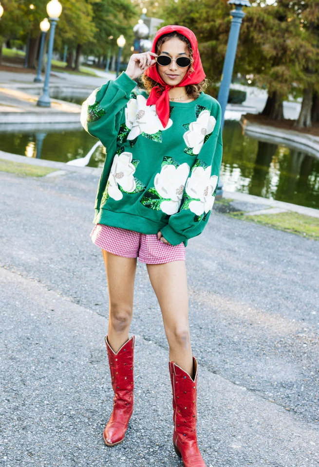 Queen of Sparkles Dark Green Magnolias Sweatshirt