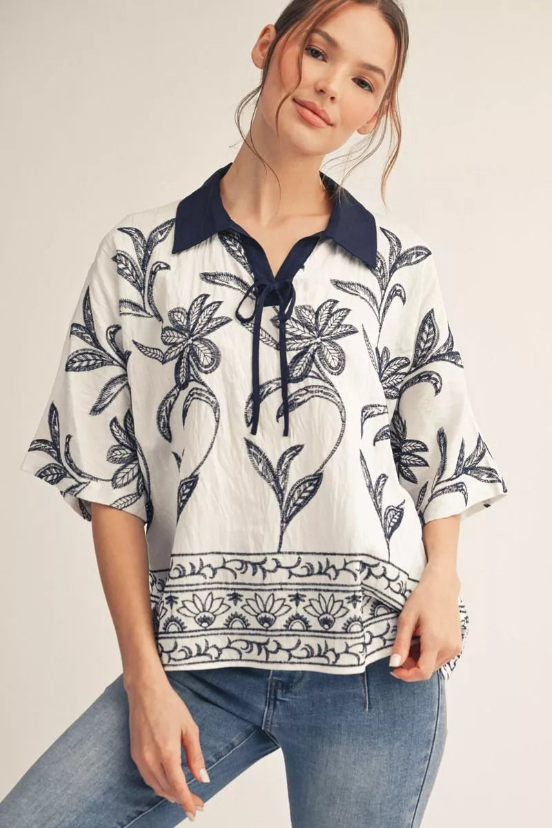 Natalie Navy Embroidered Top