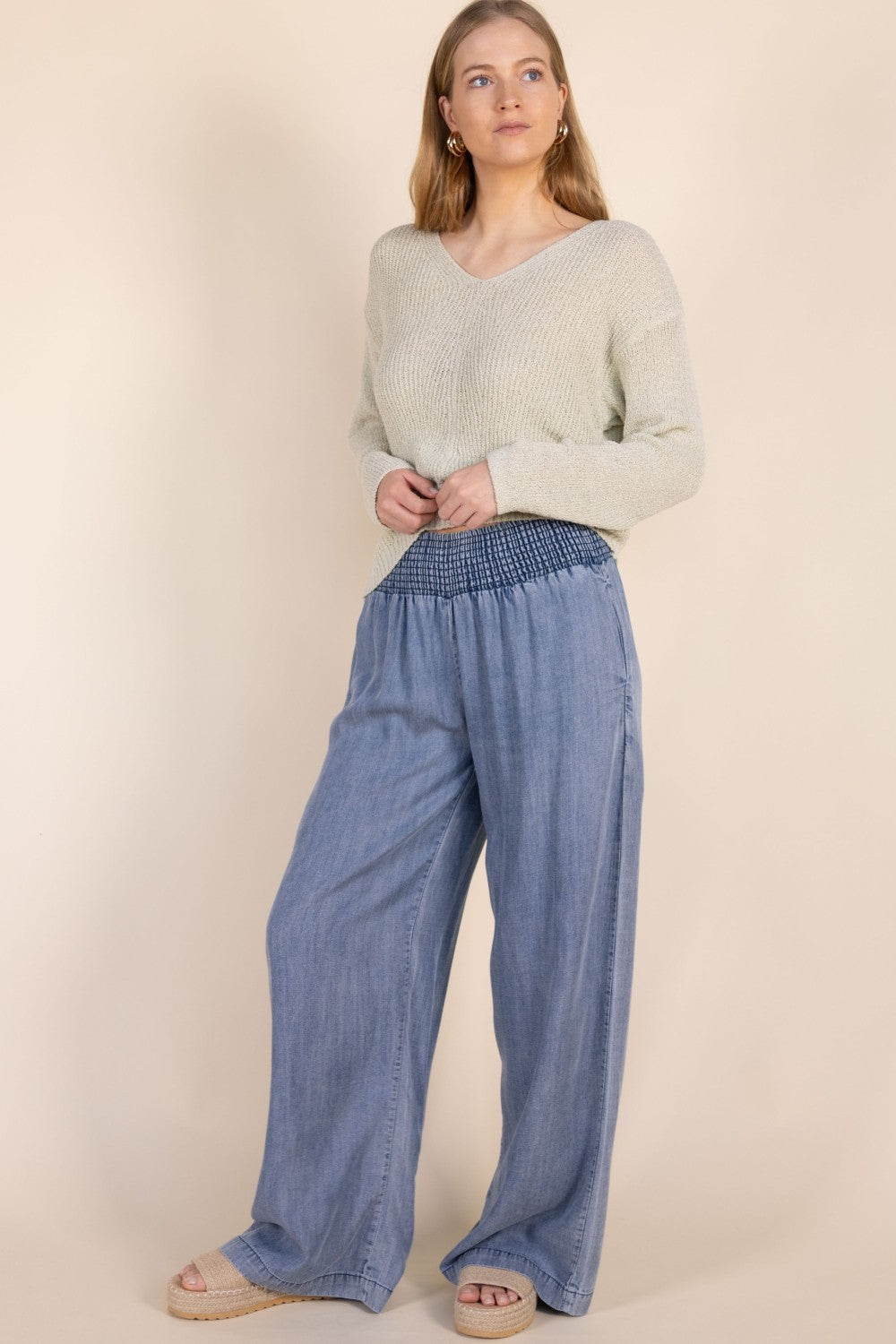 Tencel Wide Leg Pants with Smocked Waist