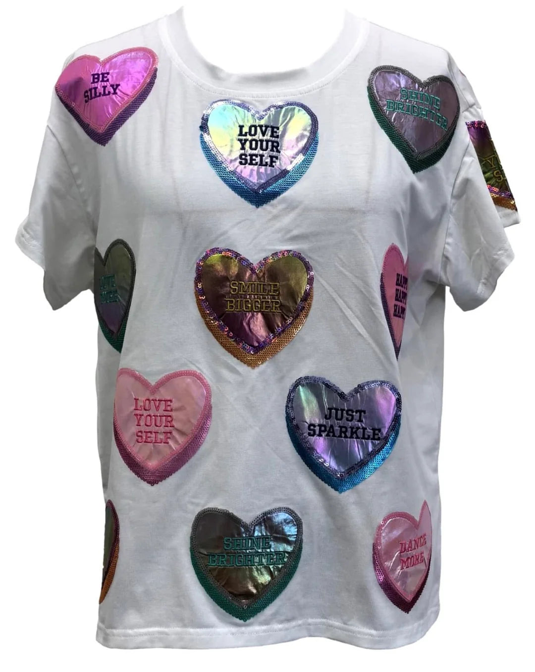 Queen of Sparkles White Positive Candy Hearts Tee