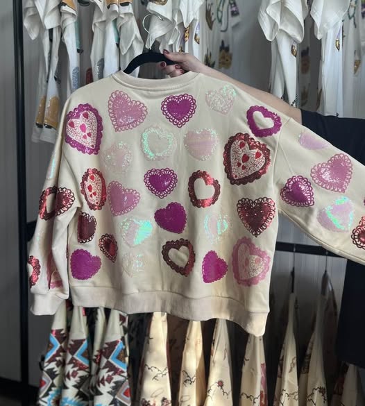 Beige Multi Doily Heart V Neck Sweatshirt