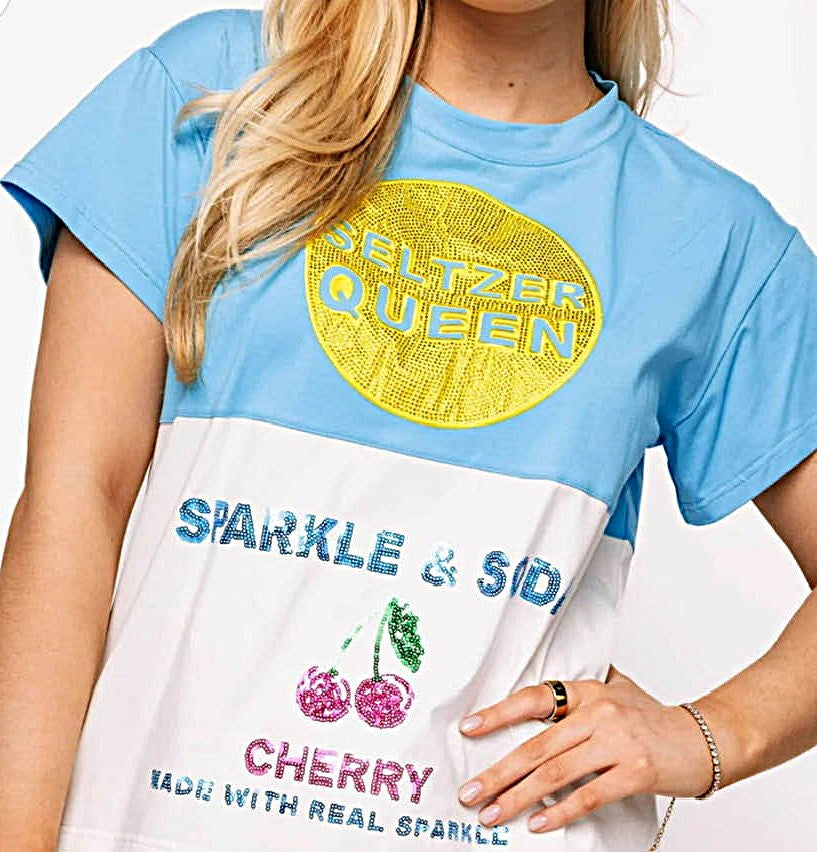 Queen of Sparkles Aqua and White Colorblock Seltzer T-shirt