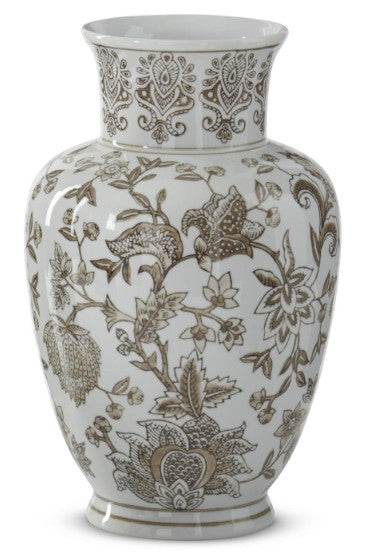 Taupe & White Porcelain Chinoiserie Vase 11.5" Tall