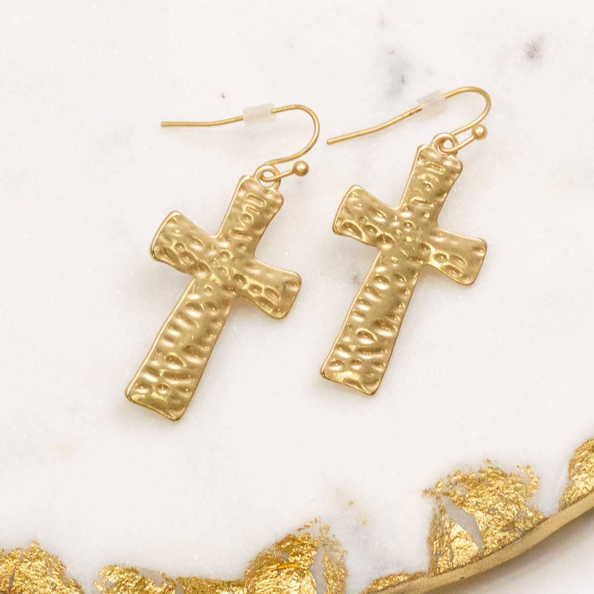 Hammered Cross Earrings Matte Gold 1"