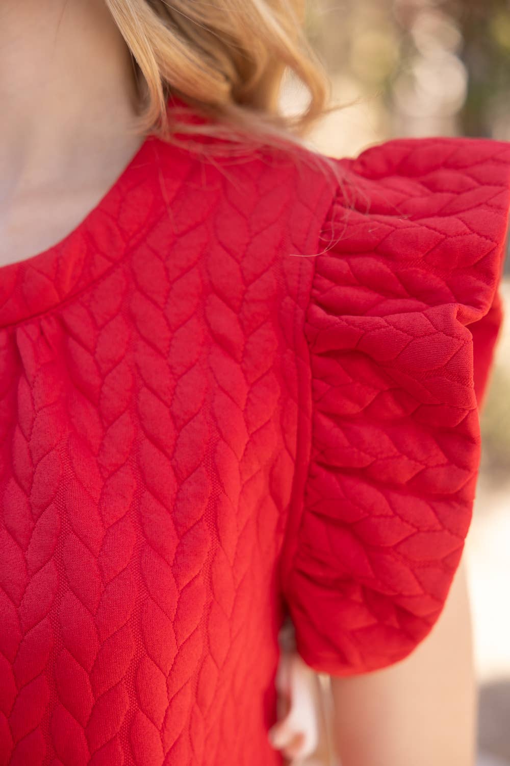 Red Twill Tape Tie Detailed Textured Knit Top