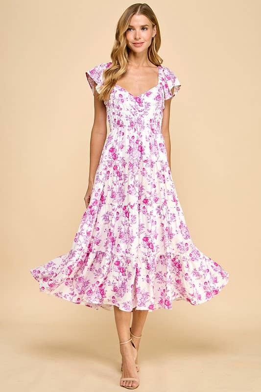 Floral Pink Print Sweetheart Neck Elastic Waist Dress