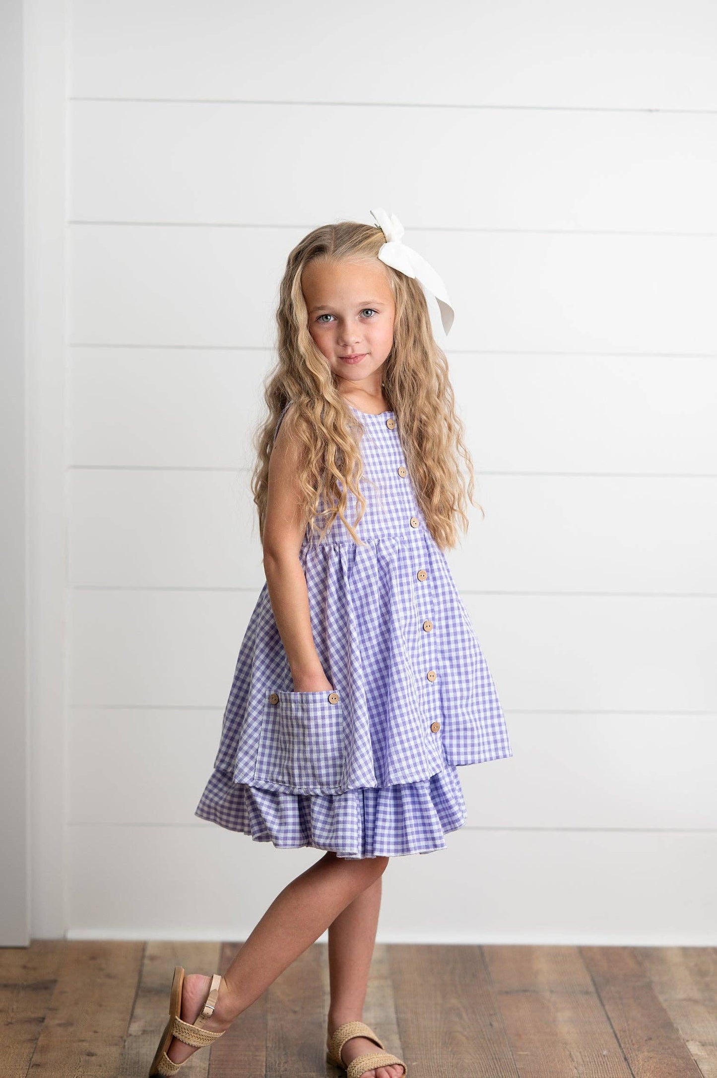 Girls Lavender & White Gingham Check Pocket Spring Dress