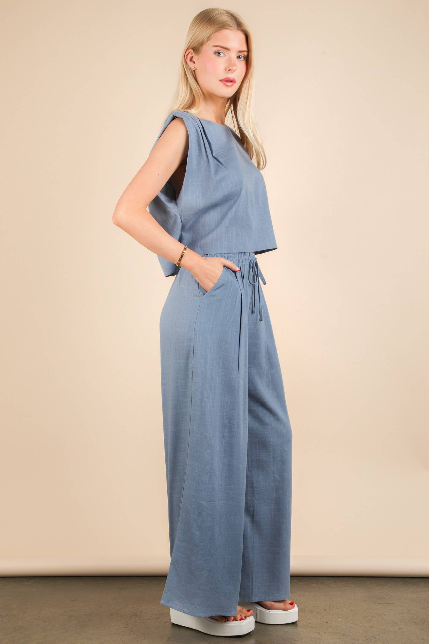 Blue Solid Woven Top & Pants Set