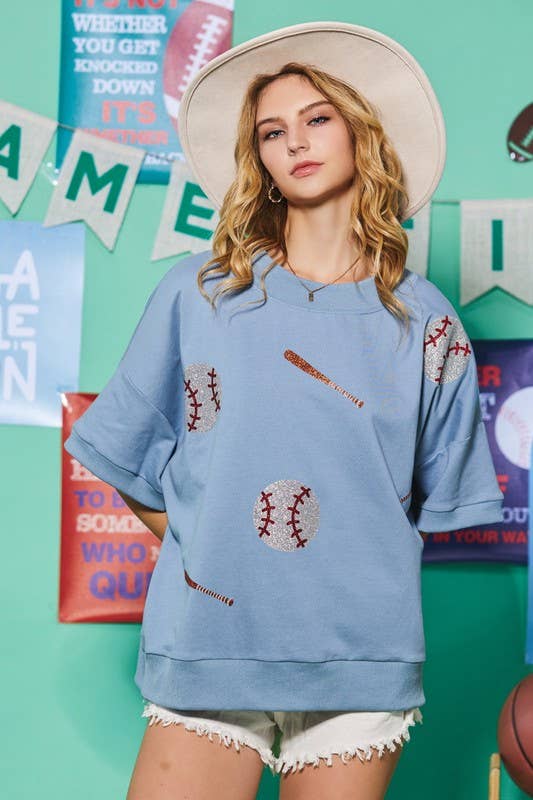 Baseball Glitter Print Oversized Pullover