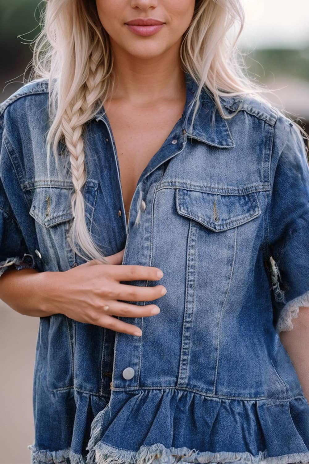Raw Edge Ruffled Short Sleeve Denim Jacket | S-XL