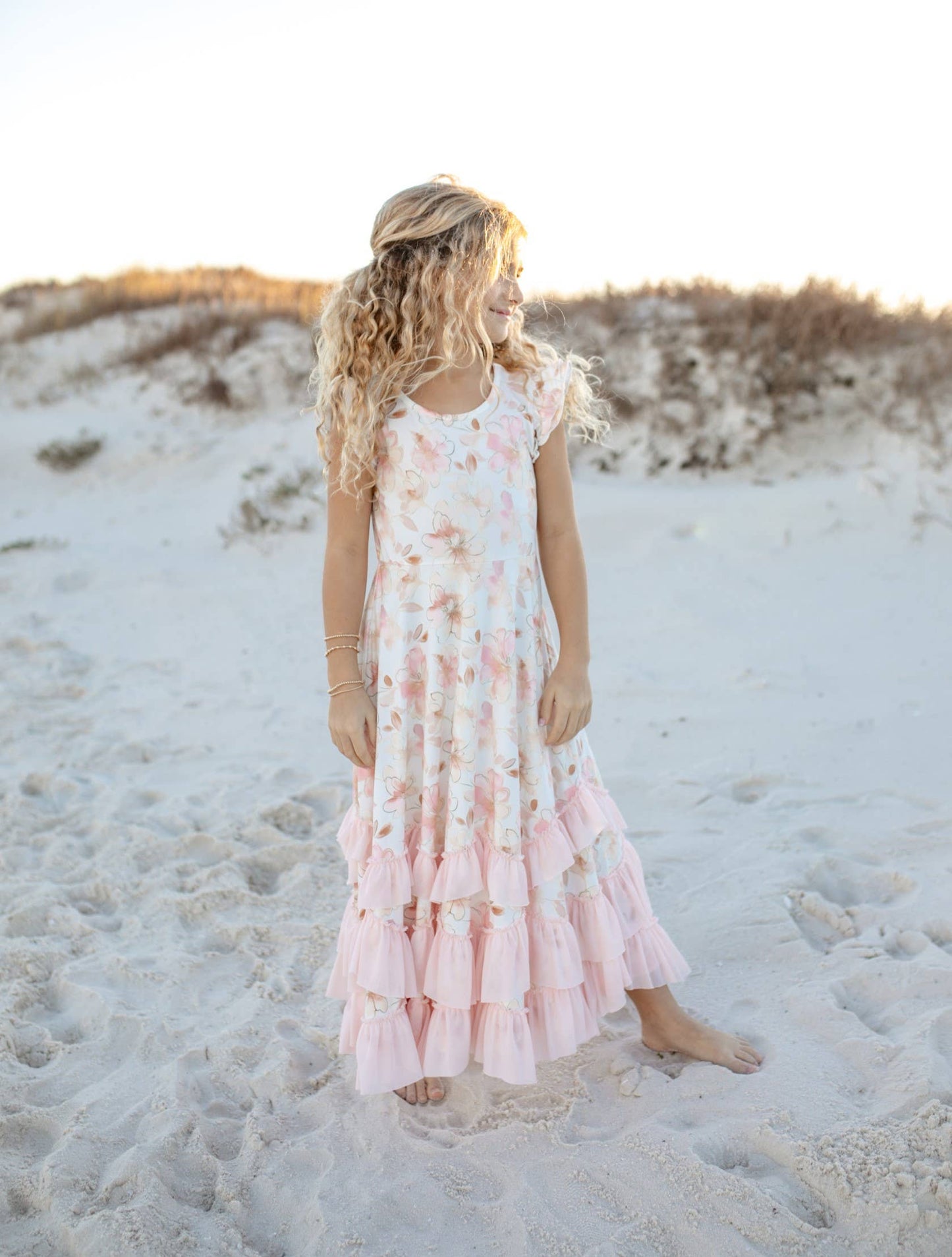 Girls Blush Floral Flutter Sleeve Ruffles Spring Dress (5-12)
