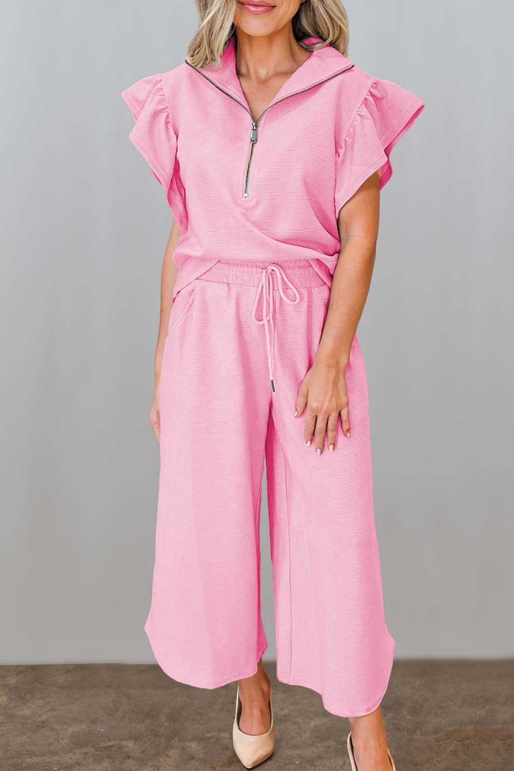 Textured Ruffled Sleeve Travel / Lounge Top & Pants Set