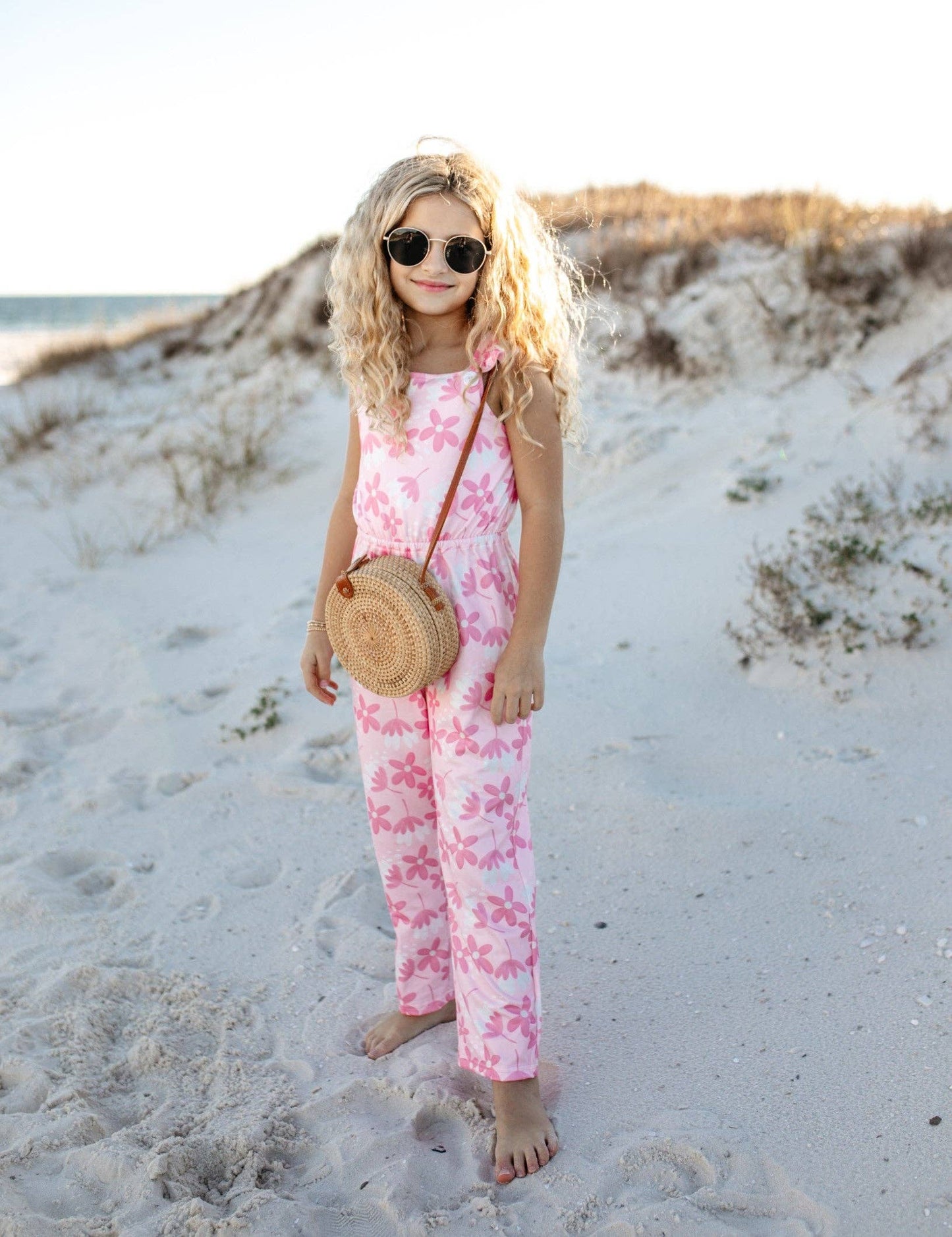 Kids Pink White Floral Button Ruffle Summer Pocket Jumpsuit