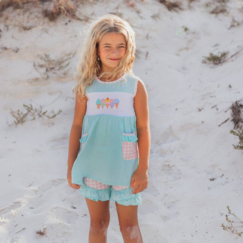 Girls Pastel Ice Cream Gingham Ruffle Spring Summer Short Set