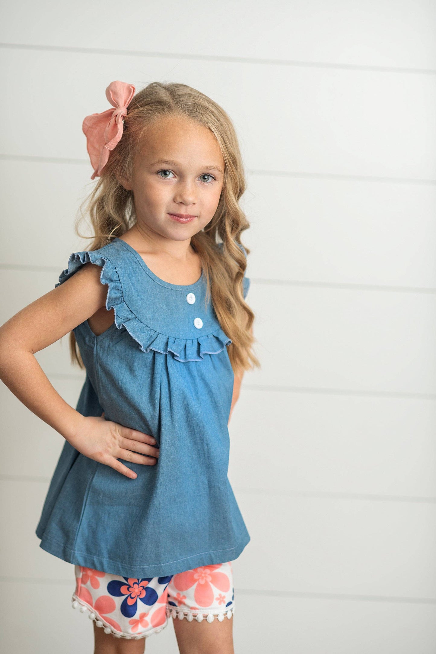 Girls Coral Floral Jean Ruffle Spring Summer 2 Piece Set