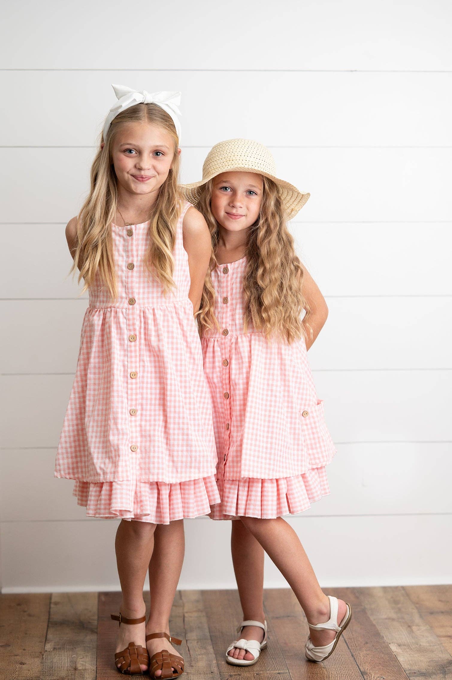 Girls Pink & White Gingham Check Pocket Ruffle Spring Dress Girls Pink & White Gingham Check Pocket Ruffle Spring Dress