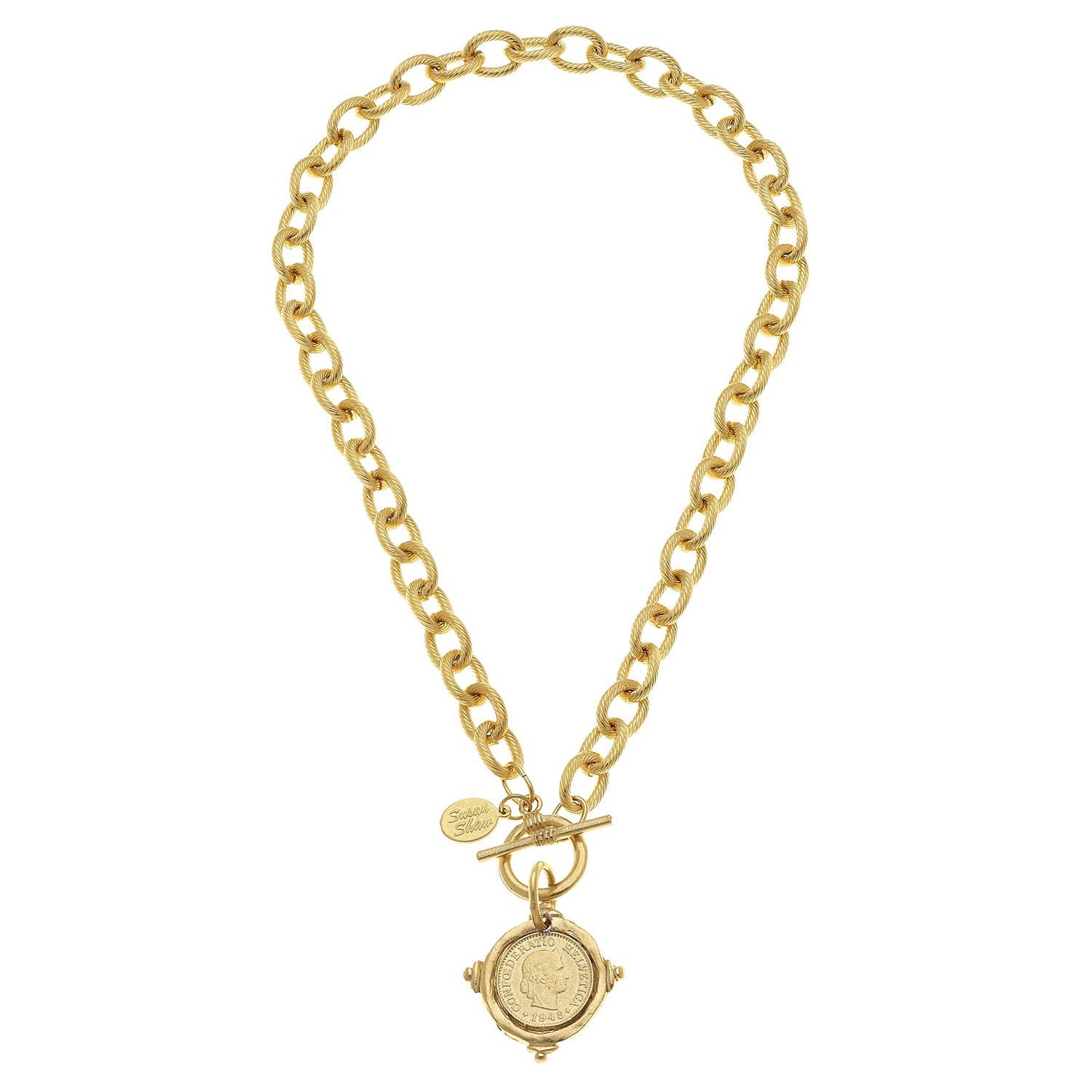 Susan Shaw Handcast Gold Intaglio Coin Front Toggle Necklace