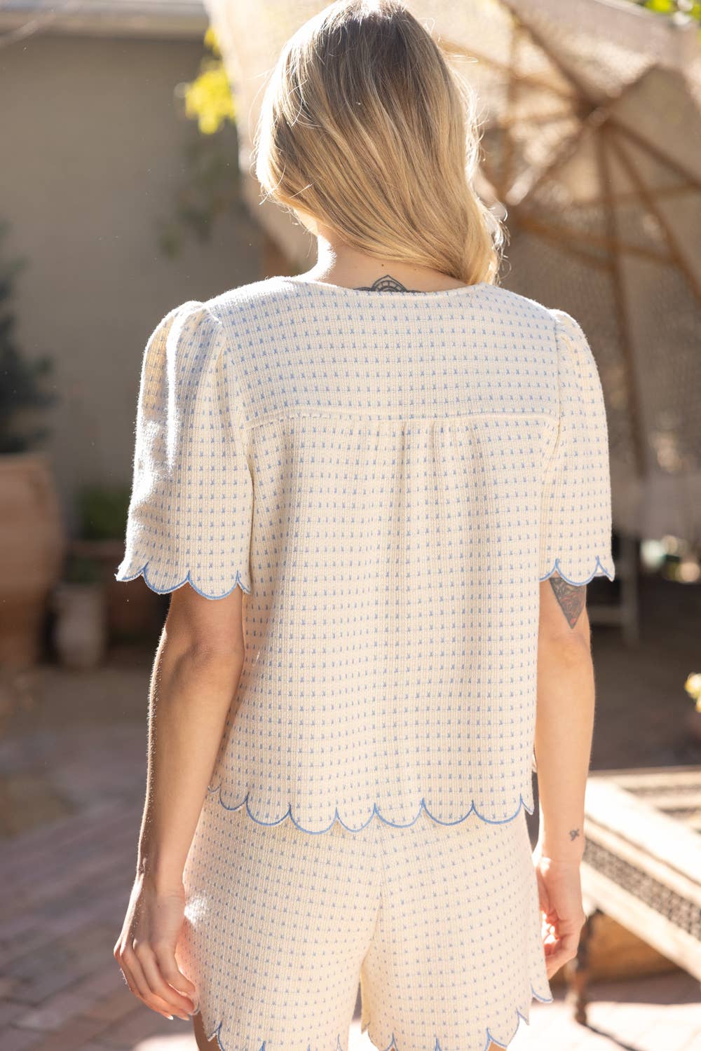 Embroidered Scallop Detail Cover Button Top