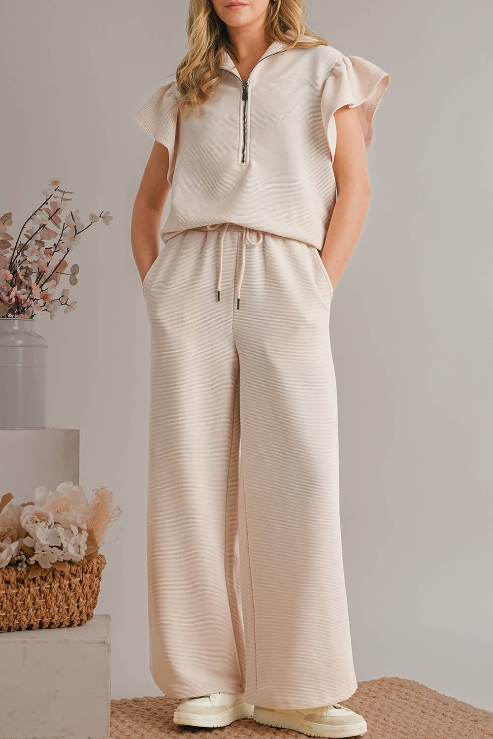 Textured Ruffled Sleeve Travel / Lounge Top & Pants Set