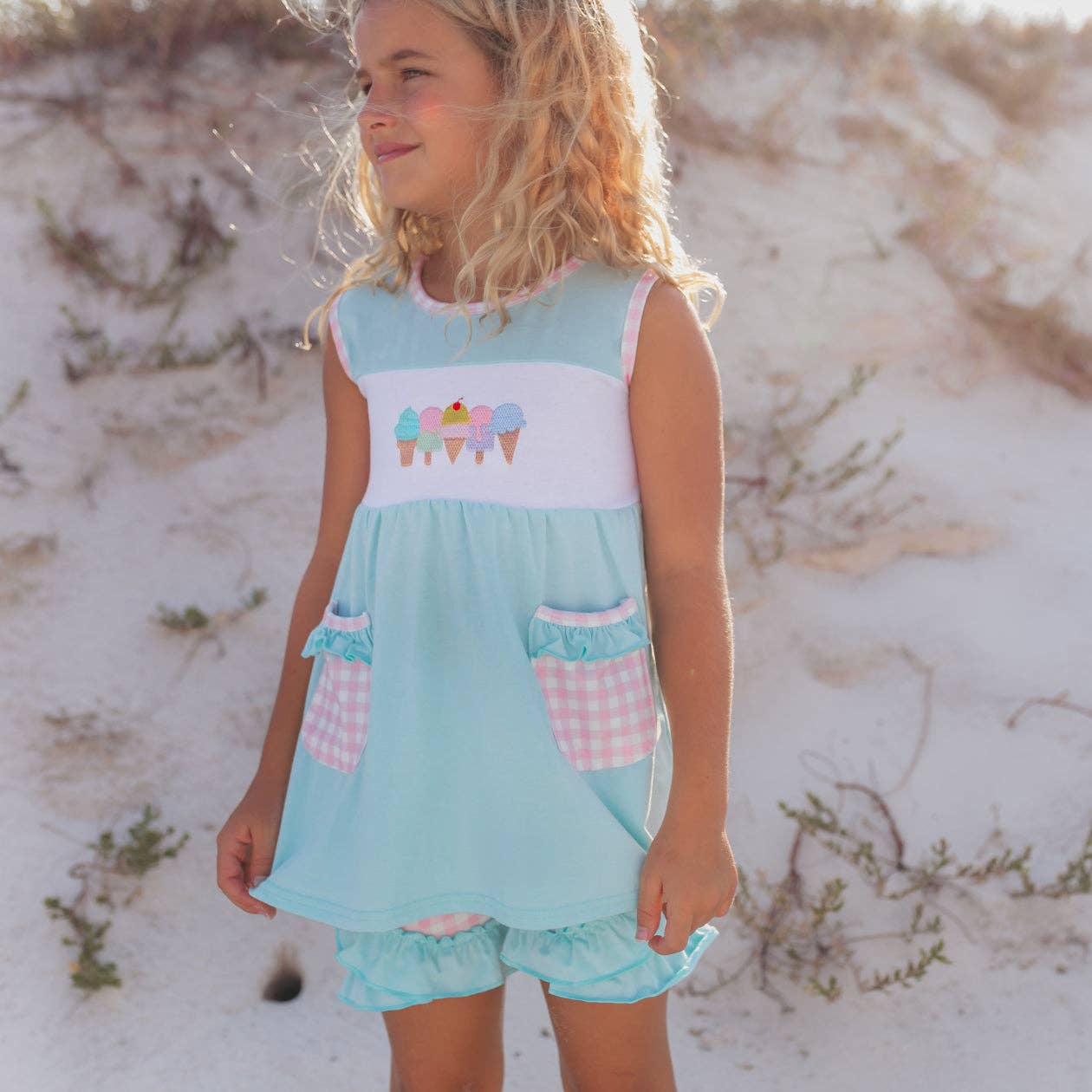 Girls Pastel Ice Cream Gingham Ruffle Spring Summer Short Set