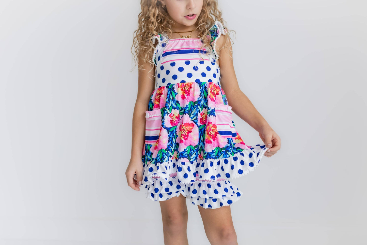 Kids Pink Floral & Navy Polka Dot Pocket Ruffle Short Set