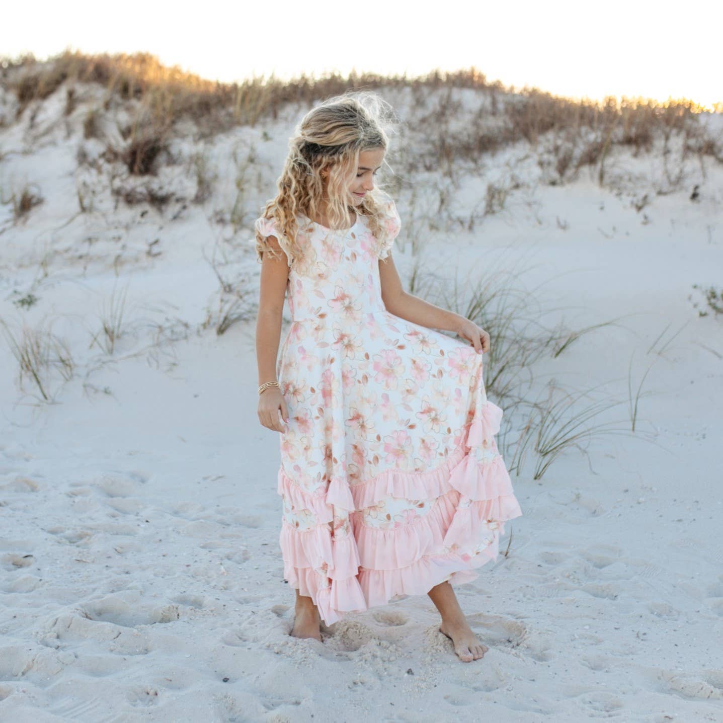 Girls Blush Floral Flutter Sleeve Ruffles Spring Dress (5-12)