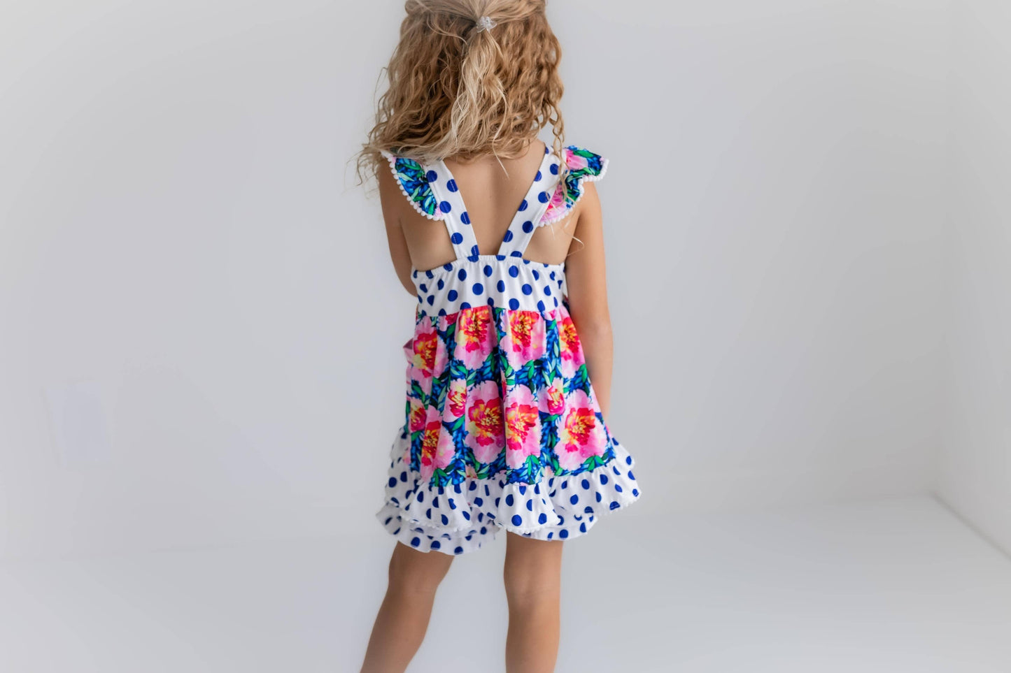 Kids Pink Floral & Navy Polka Dot Pocket Ruffle Short Set