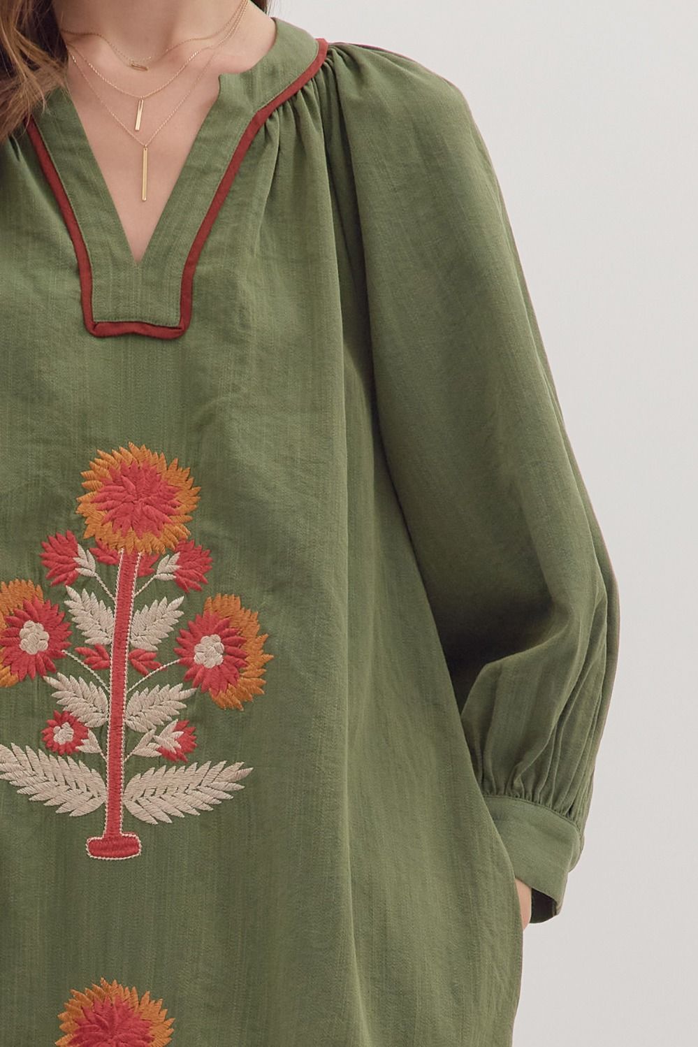 Embroidered Fall Floral Long Sleeve Maxi Dress