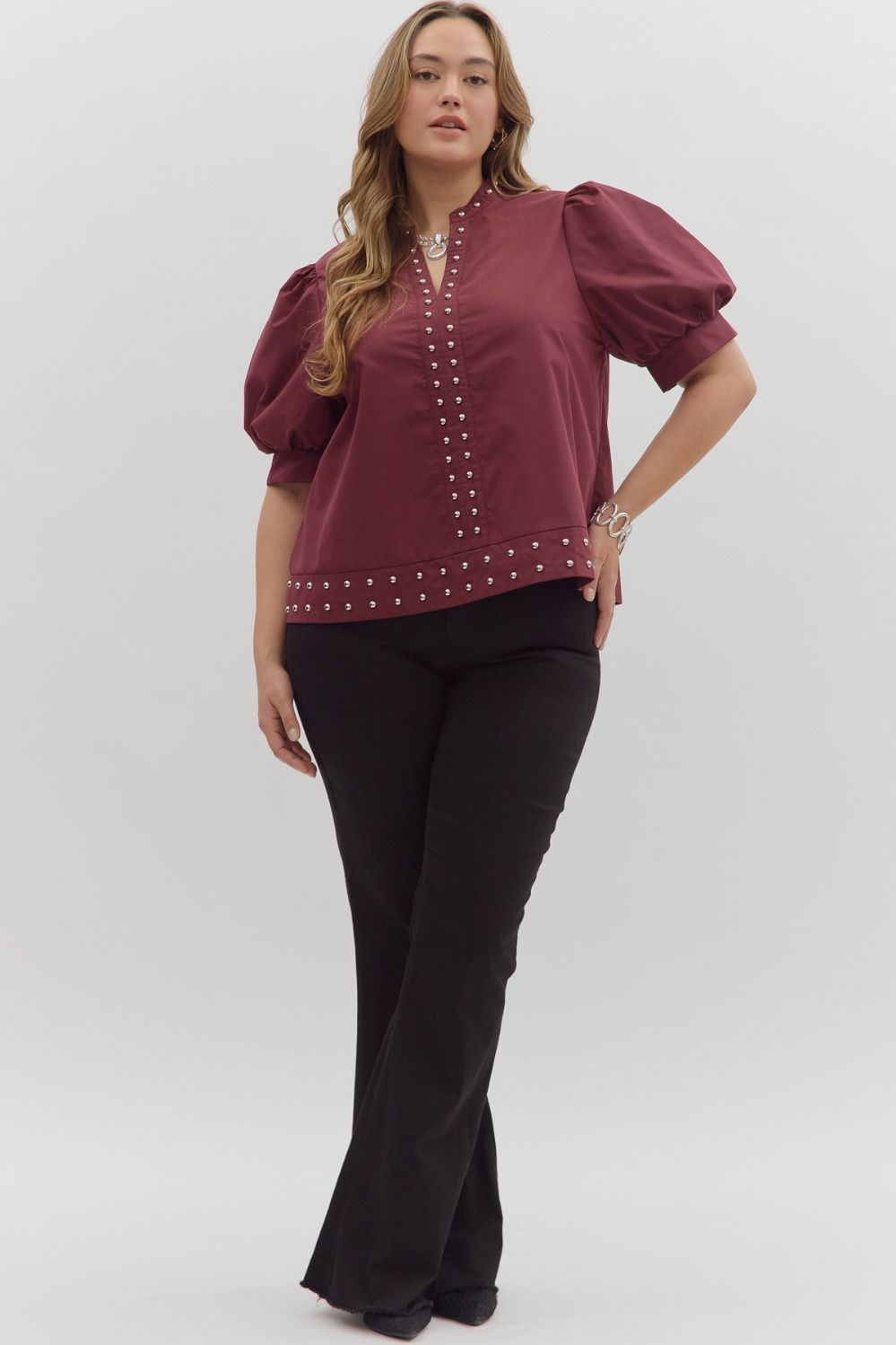 Entro Burgundy Studded Top - Plus Size ( XL-2X )