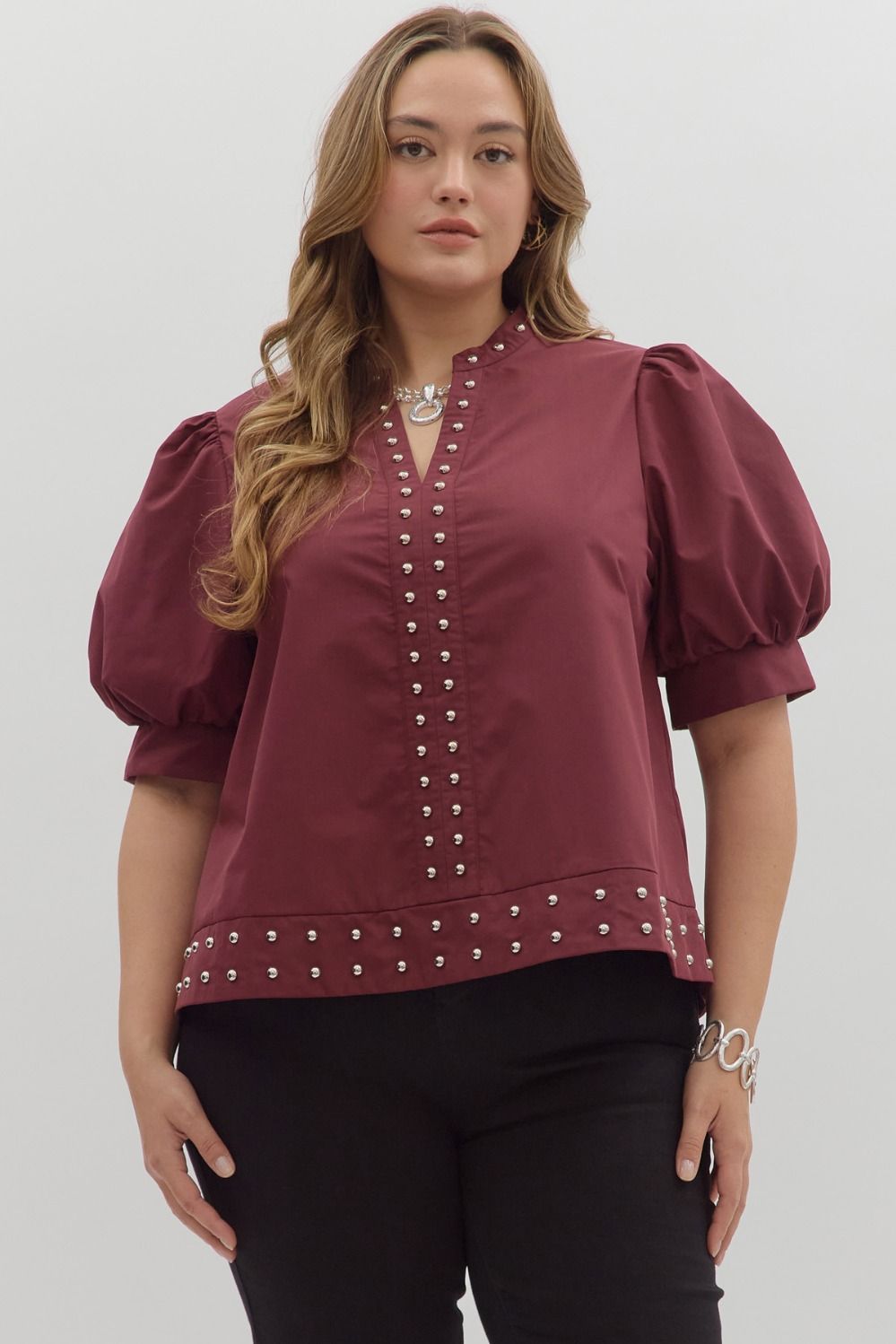 Entro Burgundy Studded Top - Plus Size ( XL-2X )