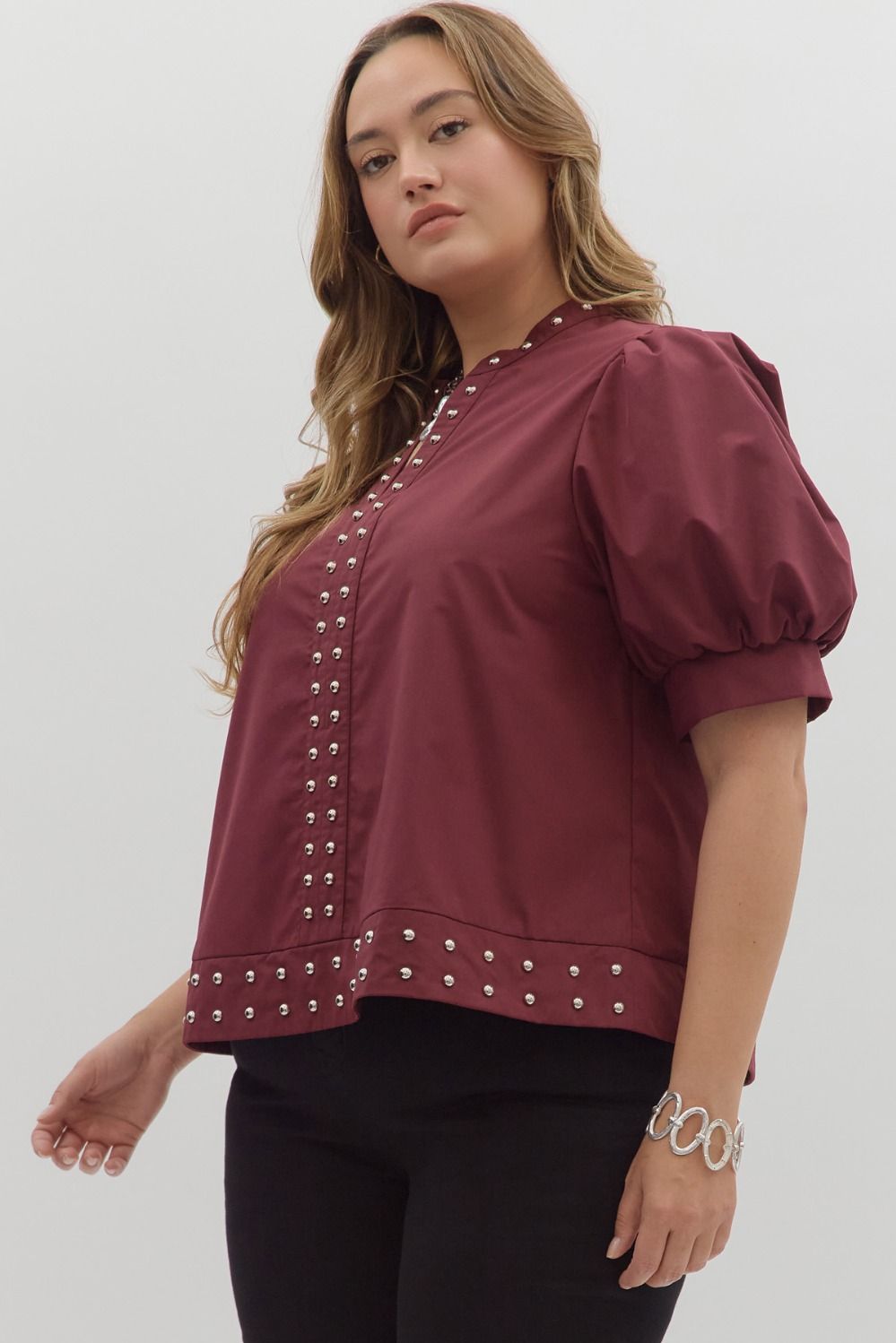 Entro Burgundy Studded Top - Plus Size ( XL-2X )
