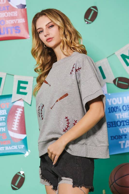 Baseball Glitter Print Oversized Pullover