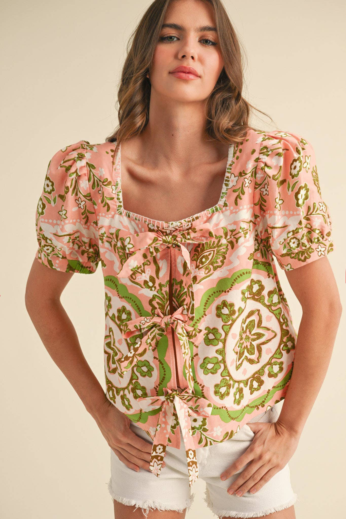 PINK MEDALLION PRINT TIE FRONT PUFF SLEEVE TOP