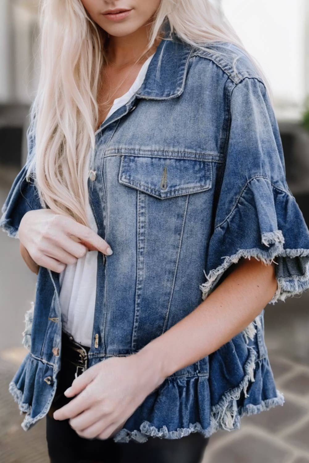 Raw Edge Ruffled Short Sleeve Denim Jacket | S-XL