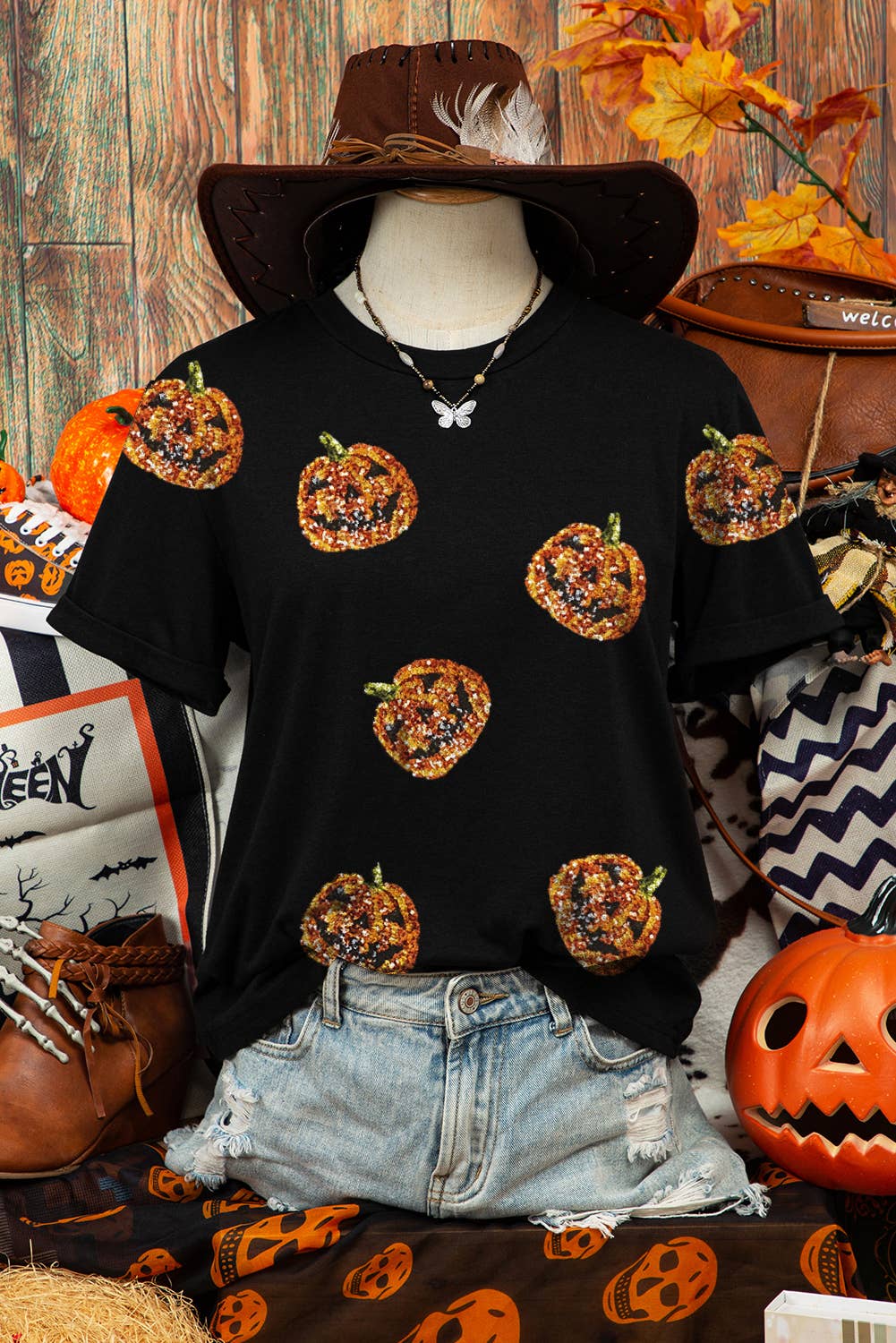 Halloween Sequin Pumpkin Face Halloween T Shirt*S-L