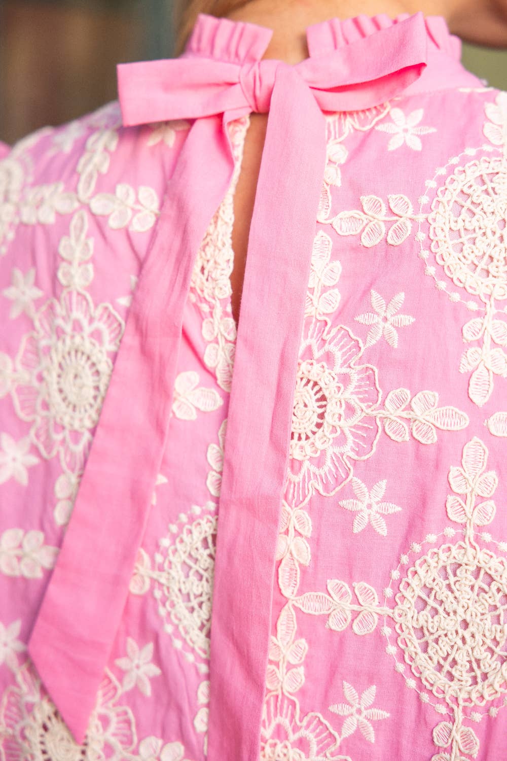 Cotton Embroidered Ruffle Sleeve Back Ribbon Tie Dress