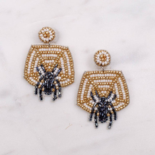 Spiderweb Beaded Earrings   Black/Gold   1.5"