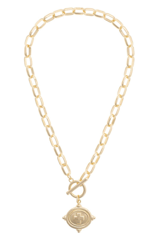 Erin Square Cross Intaglio Necklace in Shiny Gold