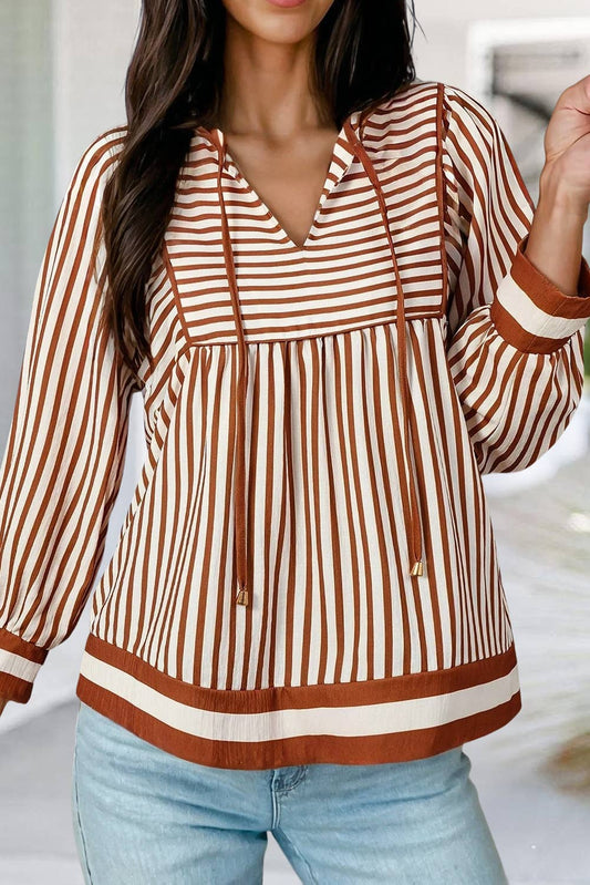 Striped Babydoll Long Sleeve Blouse | S-XL