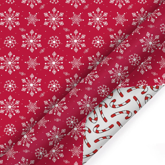 30" x 10’ Holiday Reversible Wrapping Paper | Assorted Snowflake on Red/Multi Candy Cane