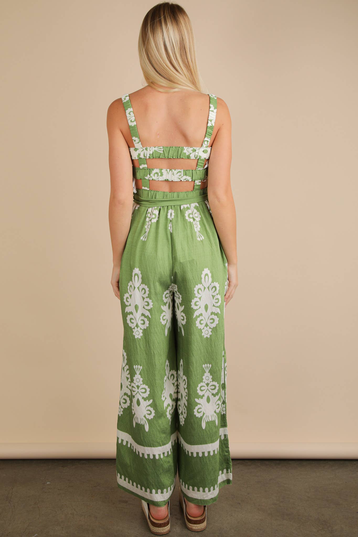 Green Boho Printed Smocking Detail Jumpsuit