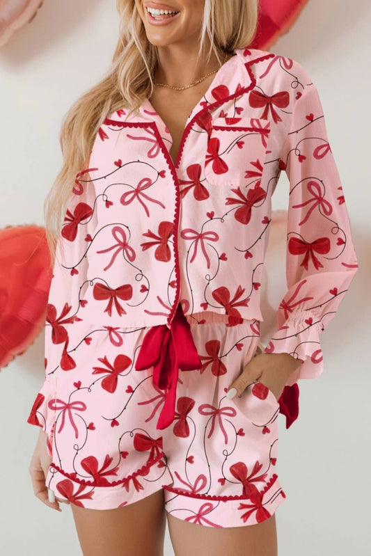 Cute Bow Print Shirt & Ribbon Short 2pcs Pajamas | S-XL