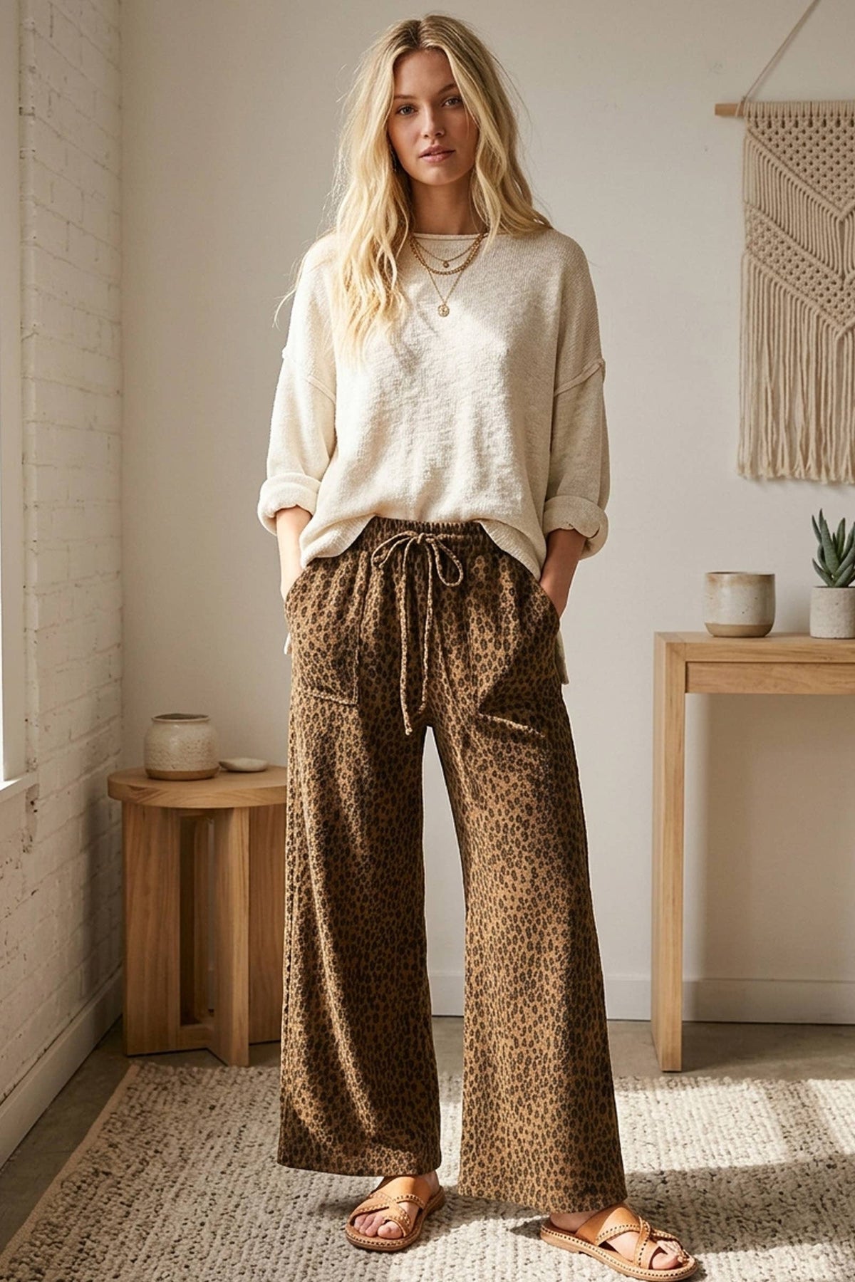 The Lucy Leopard Wide Leg Drawstring Pants
